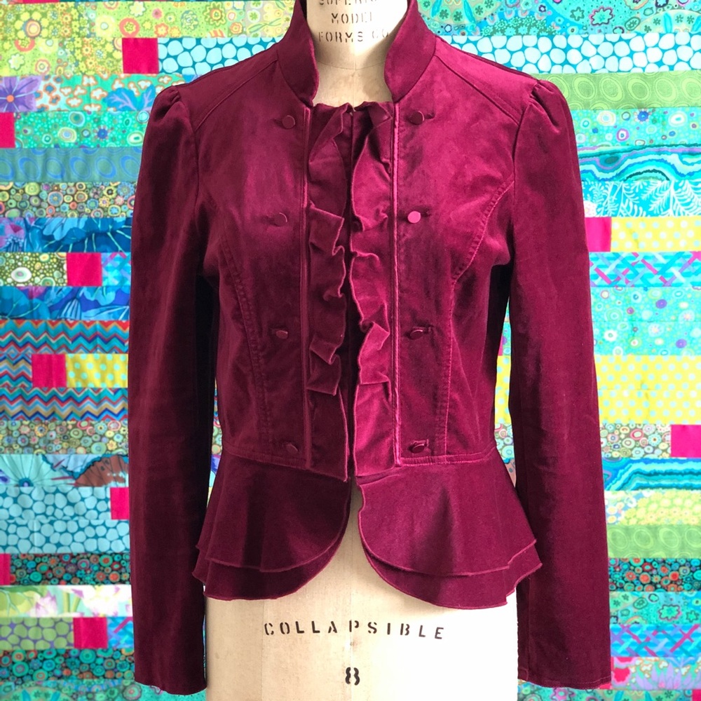WHBM Cranberry Velveteen Ruffled Blazer